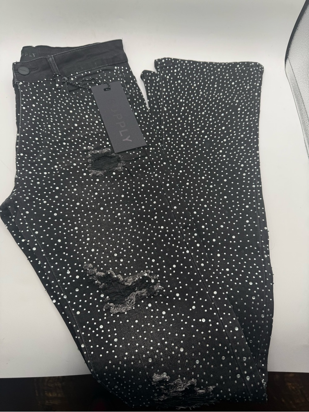 Brand New Supply denim distressed rhinestone flared back wash denim jeans